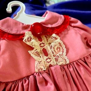 Pink AMERICAN GIRL Dress with red & cream colored Lace and Red Button.